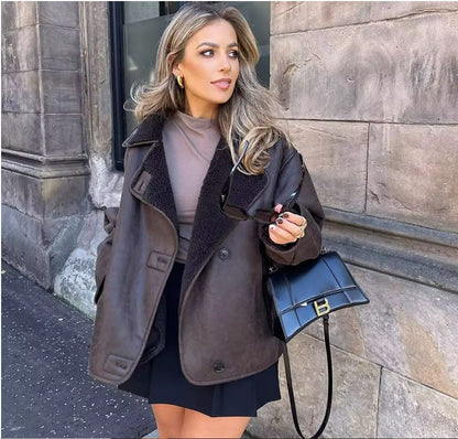 Veste en simili cuir épais pour femme en mélange de laine