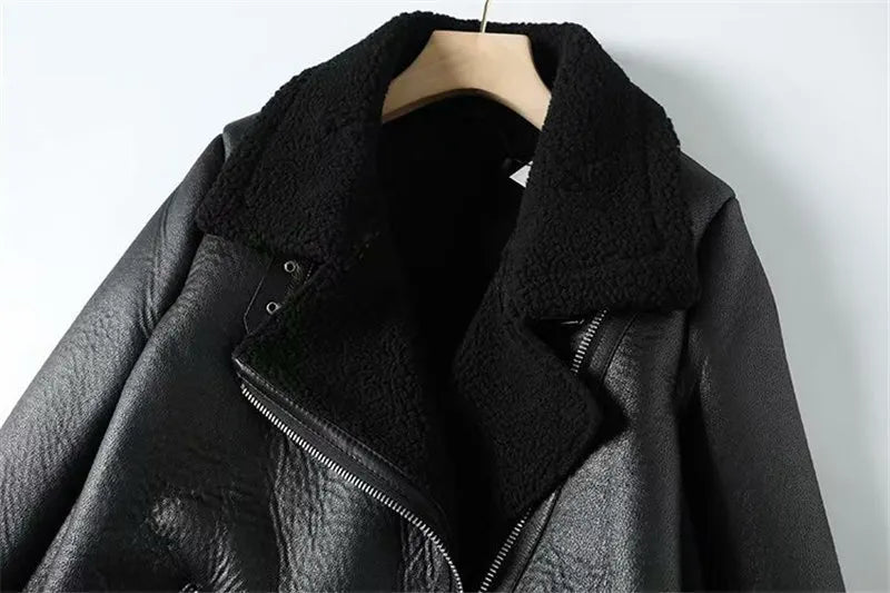 Women's warm and thick faux leather jacket