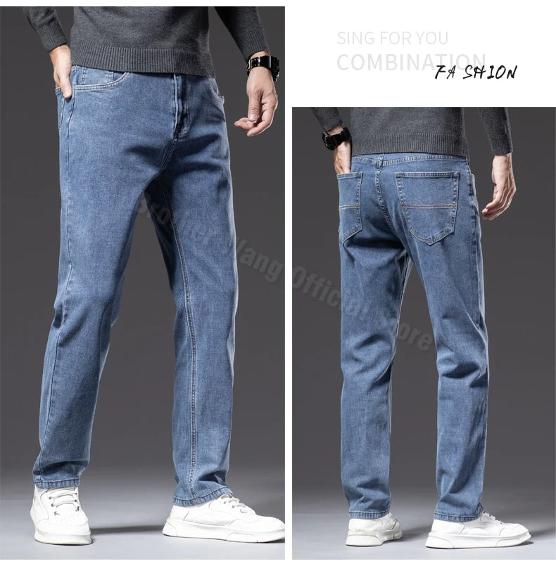 Jean Stretch bleu en coton à jambe droite pour homme grande taille automne