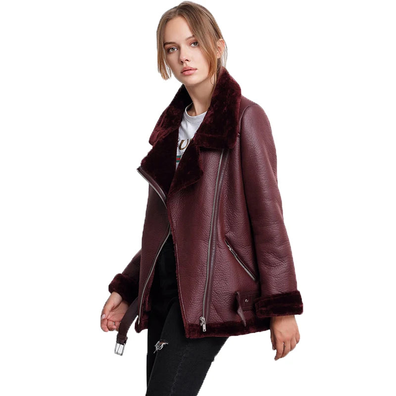 Veste en simili cuir polaire épaisse pour femme