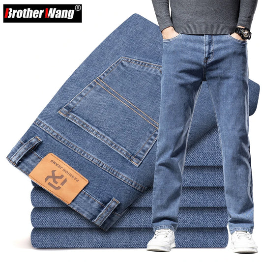 Jean Stretch bleu en coton à jambe droite pour homme grande taille automne