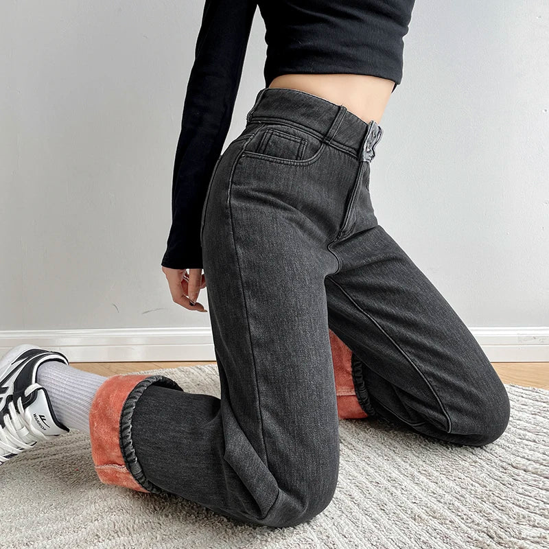 Women's Warm Fleece Wide Leg Jeans 