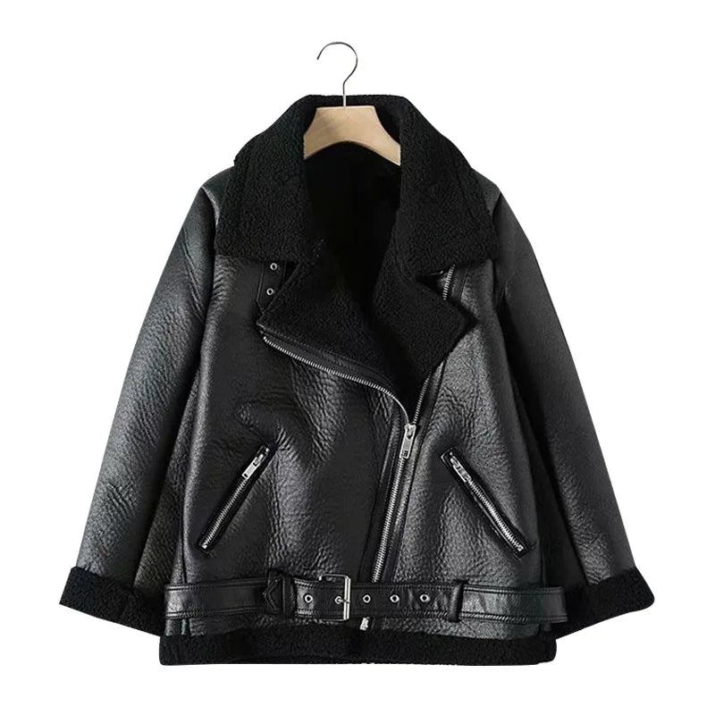 Women's warm and thick faux leather jacket