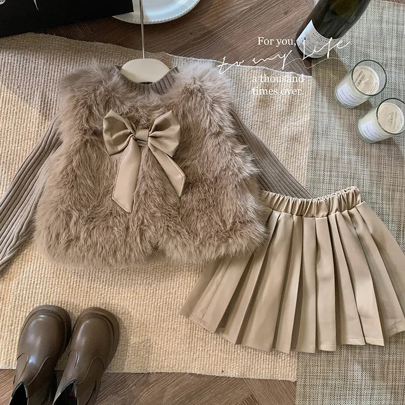 Children's set: fur coat + sweater + pleated leather skirt for girls aged 1 to 12 years old