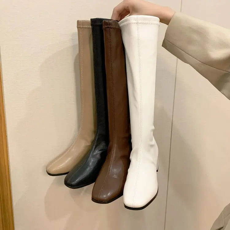 Bottes longues en cuir à talon bas pour femme