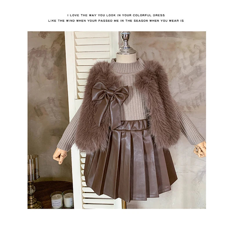 Children's set: fur coat + sweater + pleated leather skirt for girls aged 1 to 12 years old