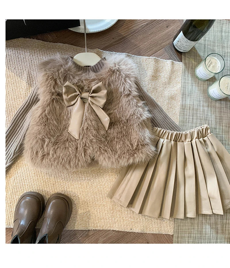 Children's set: fur coat + sweater + pleated leather skirt for girls aged 1 to 12 years old