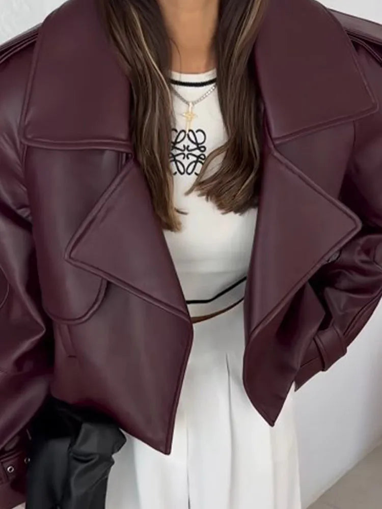 Women's Burgundy Leather Jacket with Turndown Collar