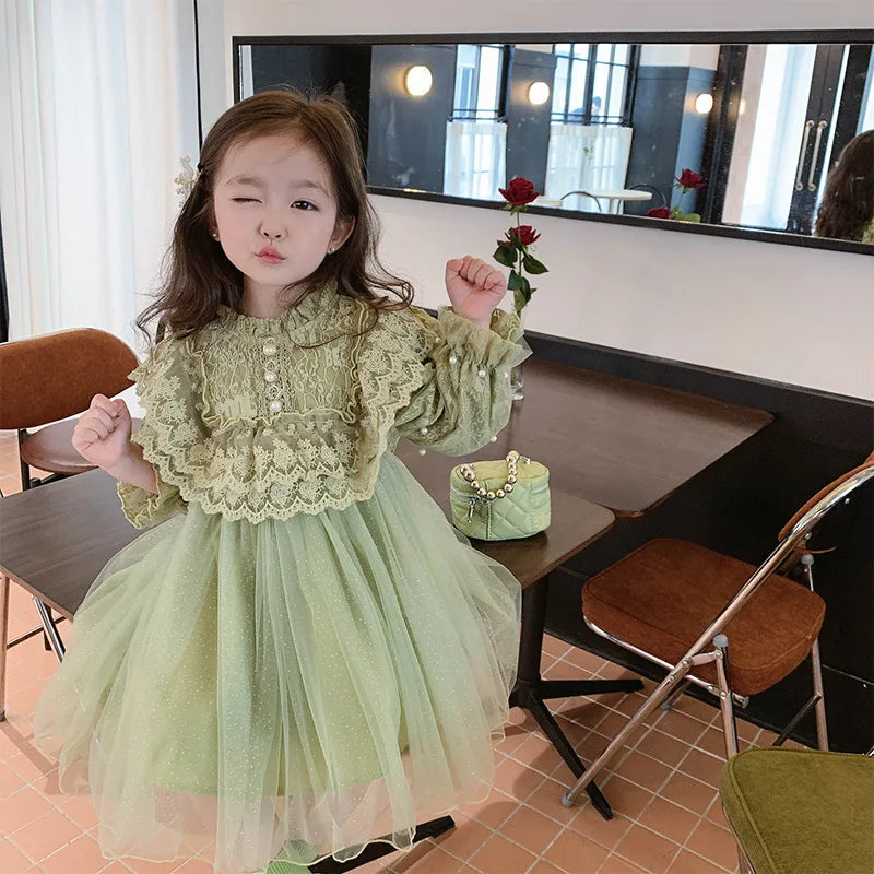 Robe princesse en dentelle et maille brodée pour fille de 2 à 8 ans