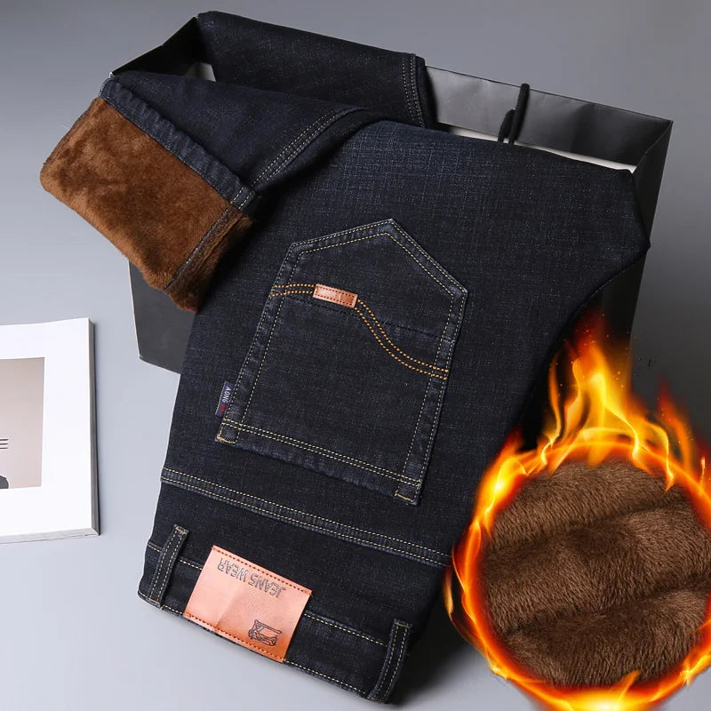 Men's Winter Windproof Thick Fleece Fabric Thermal Stretch Denim Jeans 