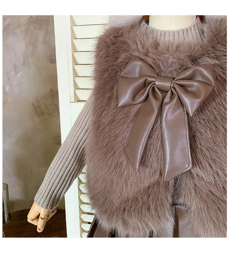 Children's set: fur coat + sweater + pleated leather skirt for girls aged 1 to 12 years old