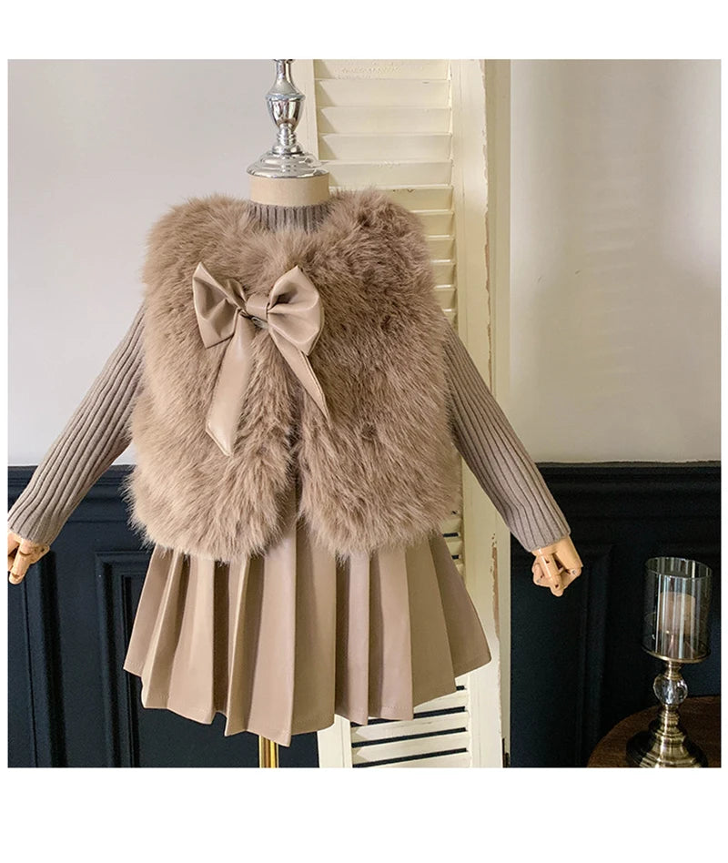 Children's set: fur coat + sweater + pleated leather skirt for girls aged 1 to 12 years old