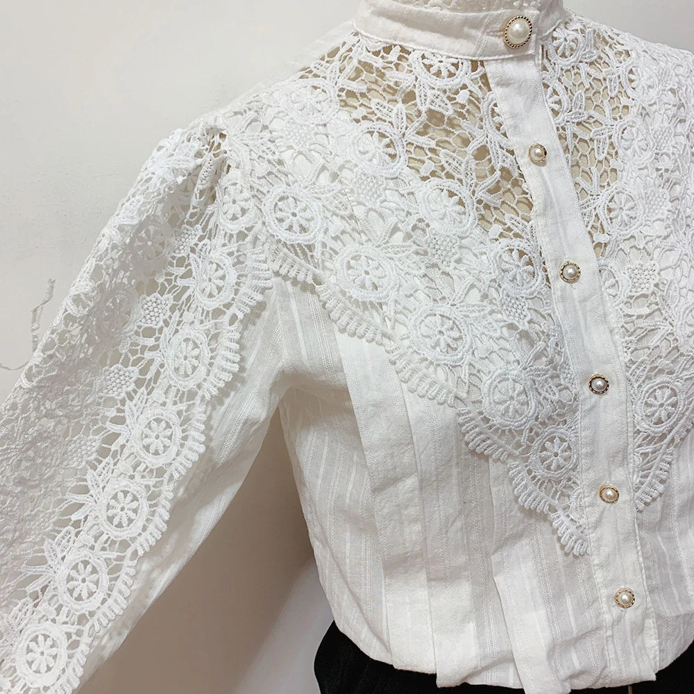 Chemise femme en dentelle brodée et col montant uni