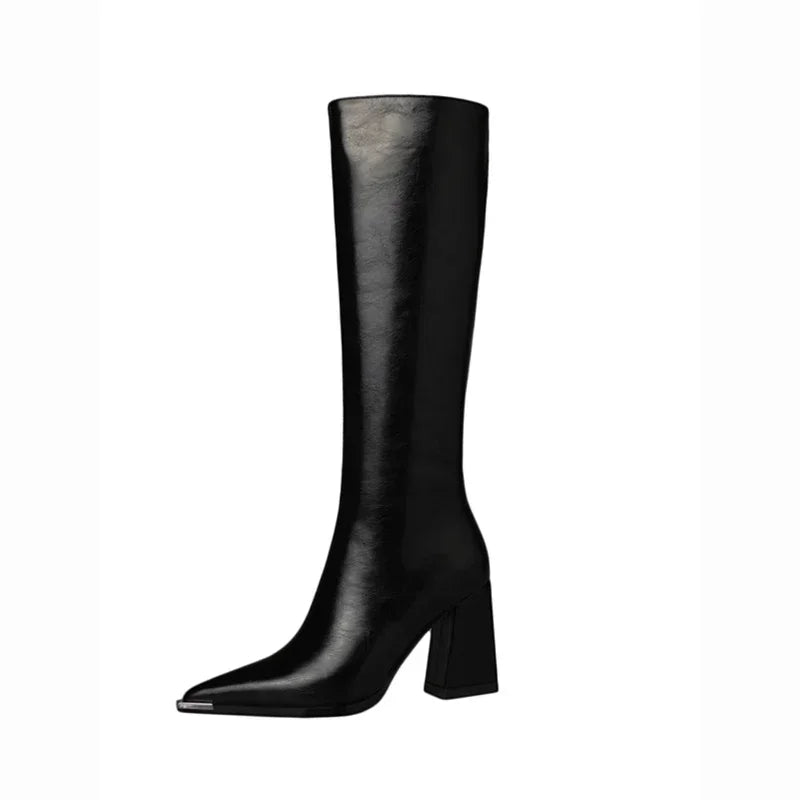 Bottes longues en cuir à talons hauts et bout pointu pour femme