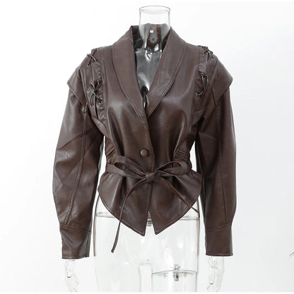 New 2024 classic lapel lace up leather jacket for women autumn street fashion 