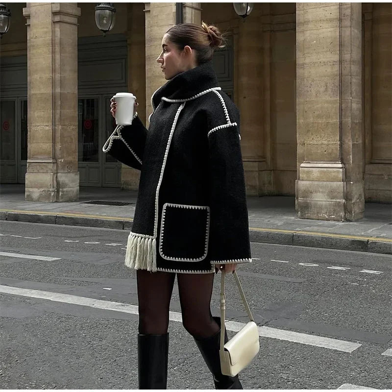 Fashion Women Contrast Buttons Jacket with Scarf Long Sleeve Warm Elegant Coat for Fall Winter 2024 