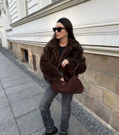 European and American style new fashion simple versatile lapel zipper imitation fur foreign style jacket