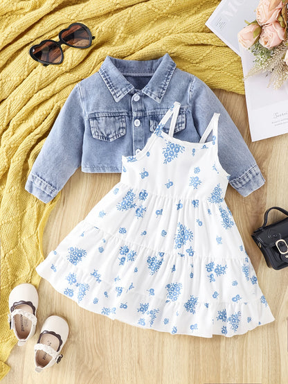 Veste en jean + robe deux pièces fleurie pour fille