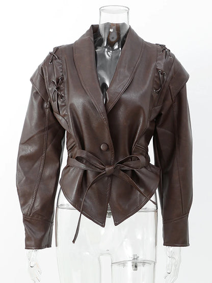 New 2024 classic lapel lace up leather jacket for women autumn street fashion 