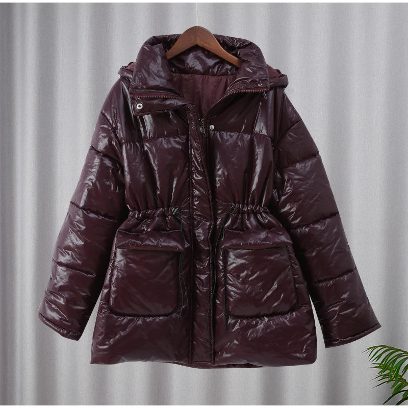 Casual Burgundy Lace Up Down Jacket Women Chic Lapel Button Pocket Thick Cotton Coat 2024 Autumn Winter Lady Highstreet Outwear