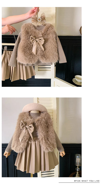 Children's set: fur coat + sweater + pleated leather skirt for girls aged 1 to 12 years old