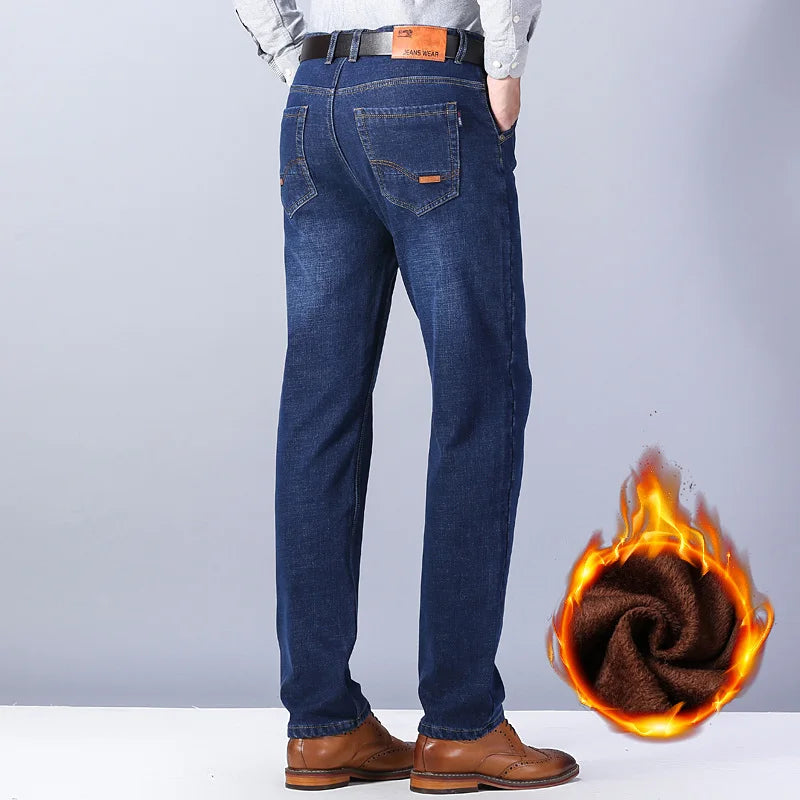 Men's Winter Windproof Thick Fleece Fabric Thermal Stretch Denim Jeans 