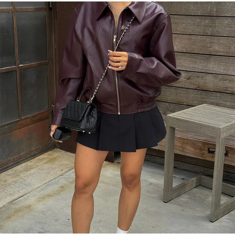 New 2024 classic lapel lace up leather jacket for women autumn street fashion 