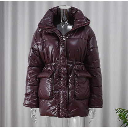 Casual Burgundy Lace Up Down Jacket Women Chic Lapel Button Pocket Thick Cotton Coat 2024 Autumn Winter Lady Highstreet Outwear