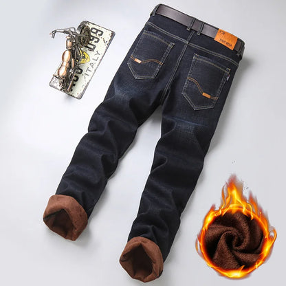 Men's Winter Windproof Thick Fleece Fabric Thermal Stretch Denim Jeans 