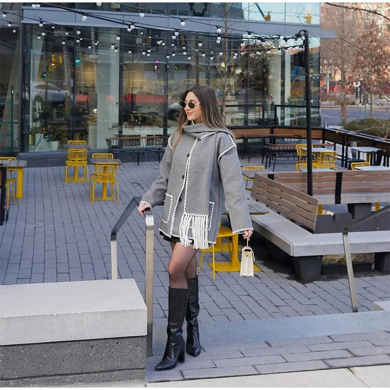 Fashion Women Contrast Buttons Jacket with Scarf Long Sleeve Warm Elegant Coat for Fall Winter 2024 