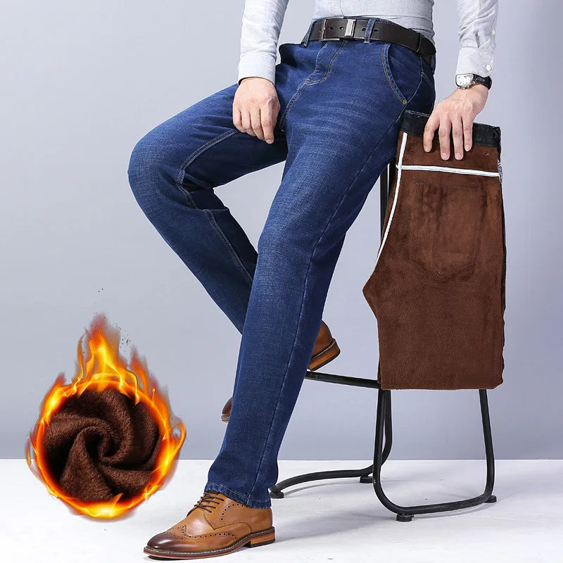 Men's Winter Windproof Thick Fleece Fabric Thermal Stretch Denim Jeans 