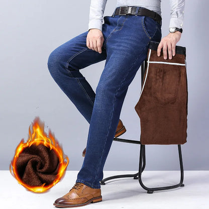 Men's Winter Windproof Thick Fleece Fabric Thermal Stretch Denim Jeans 