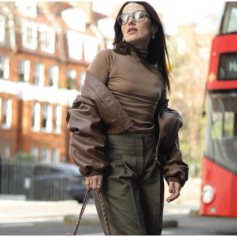 Blouson bomber en cuir pour femme - Mode de rue