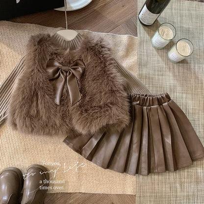 Children's set: fur coat + sweater + pleated leather skirt for girls aged 1 to 12 years old