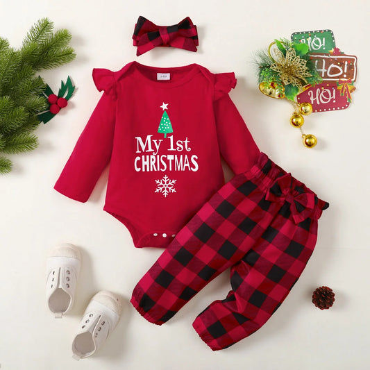 Ensemble 3 pièces Noël pantalon + caraco + bandeau pour bébé fille de 0 à 18 mois