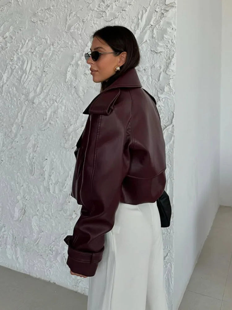 Women's Burgundy Leather Jacket with Turndown Collar