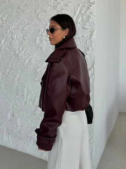 Women's Burgundy Leather Jacket with Turndown Collar