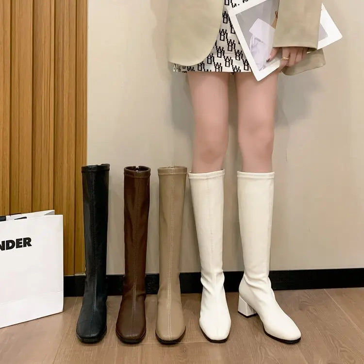 Bottes longues en cuir à talon bas pour femme