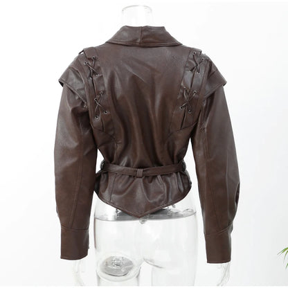 New 2024 classic lapel lace up leather jacket for women autumn street fashion 