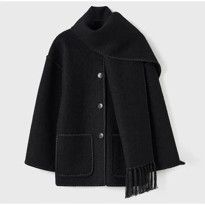 Fashion Women Contrast Buttons Jacket with Scarf Long Sleeve Warm Elegant Coat for Fall Winter 2024 