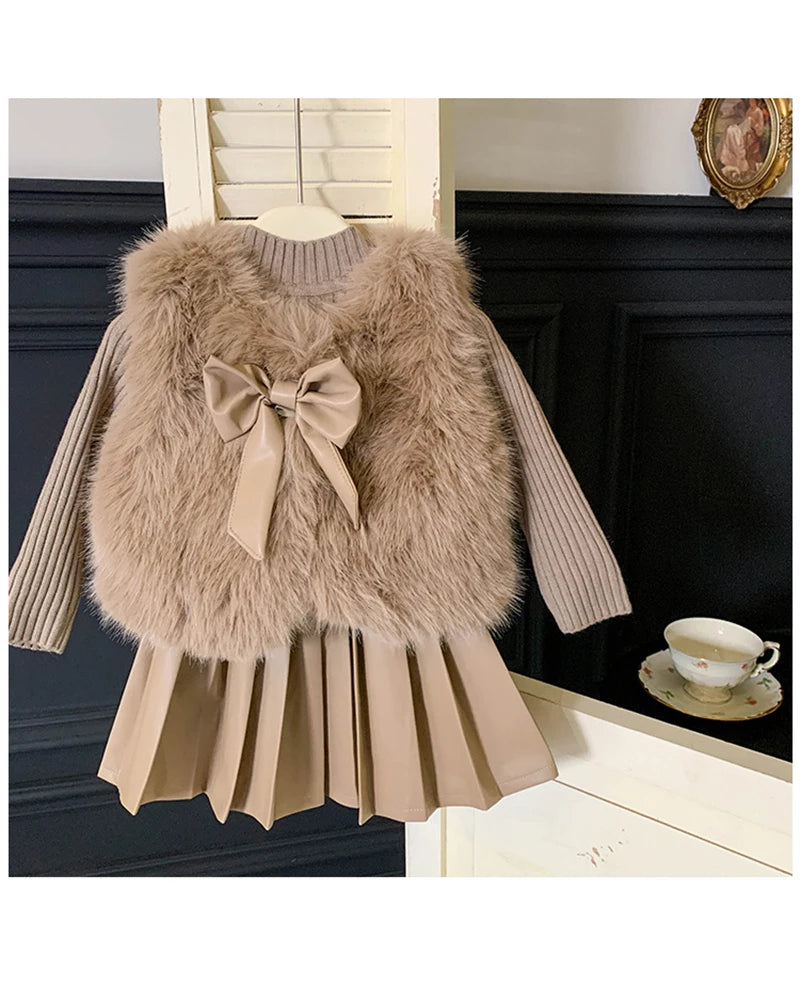 Children's set: fur coat + sweater + pleated leather skirt for girls aged 1 to 12 years old