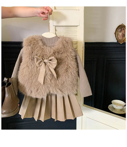 Children's set: fur coat + sweater + pleated leather skirt for girls aged 1 to 12 years old