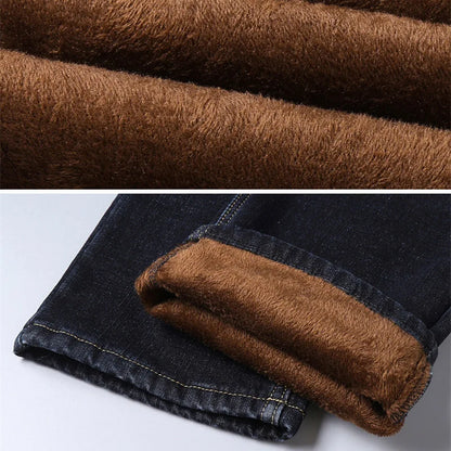 Men's Winter Windproof Thick Fleece Fabric Thermal Stretch Denim Jeans 