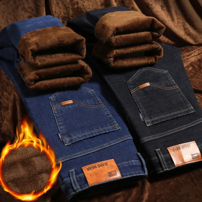 Men's Winter Windproof Thick Fleece Fabric Thermal Stretch Denim Jeans 