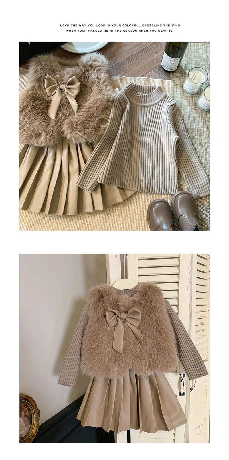 Children's set: fur coat + sweater + pleated leather skirt for girls aged 1 to 12 years old