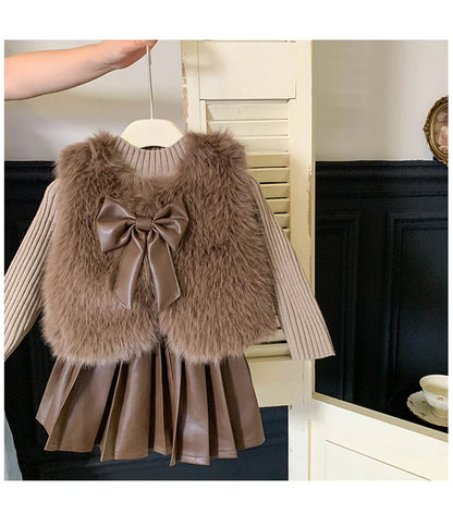 Children's set: fur coat + sweater + pleated leather skirt for girls aged 1 to 12 years old