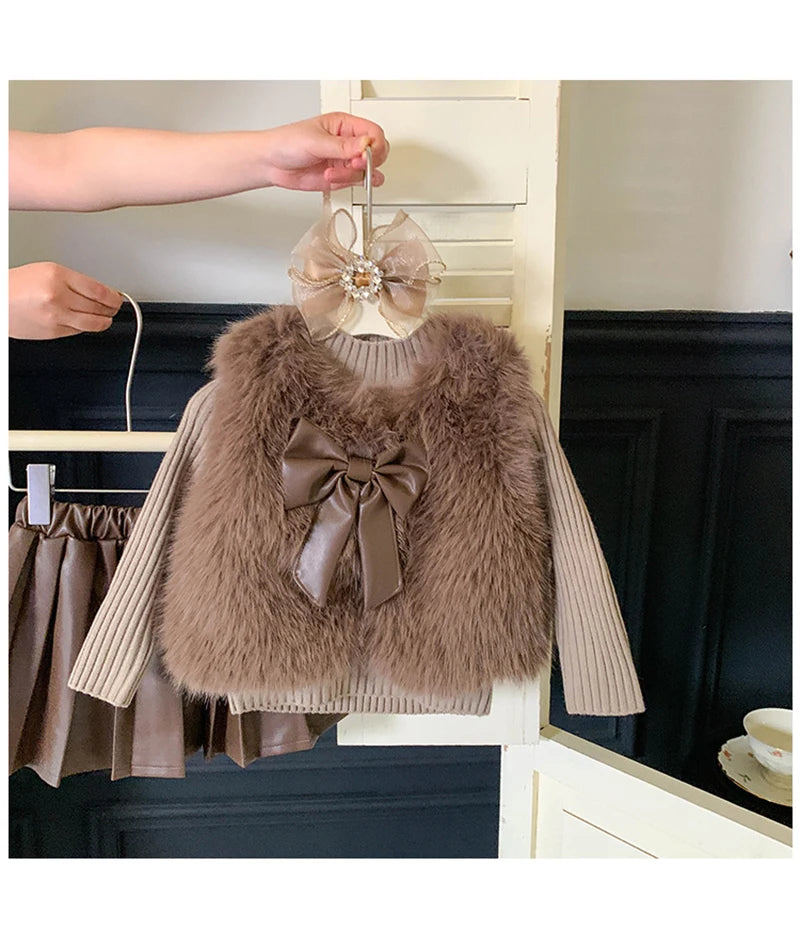 Children's set: fur coat + sweater + pleated leather skirt for girls aged 1 to 12 years old