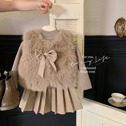 Children's set: fur coat + sweater + pleated leather skirt for girls aged 1 to 12 years old