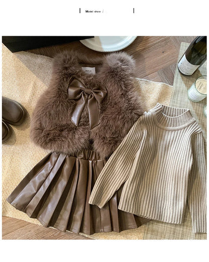 Children's set: fur coat + sweater + pleated leather skirt for girls aged 1 to 12 years old