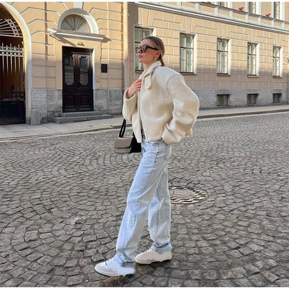 Manteau femme blanc zippé en peau de mouton